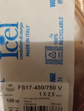 Cavo elettrico sez 2,5mm FS17 100 mt l'una