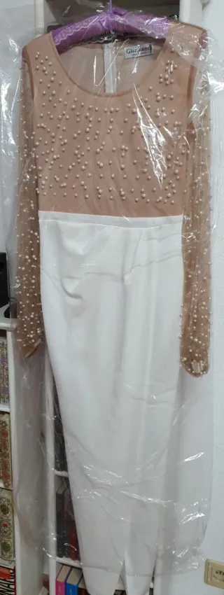 Vestido fiesta ceremonia perlas manga larga