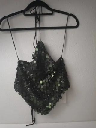 Top lentejuelas Zara verde negro T/M