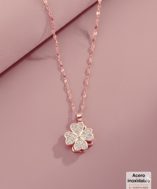 Collar Trébol 4 Corazones Oro Rosa Cristales