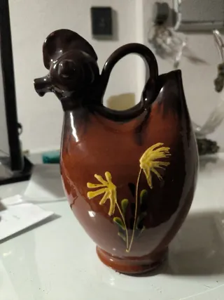 Botijo Gallo Cerámica Marrón Flores Amarillas