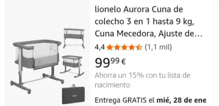 Cuna colecho Lionelo Aurora 3 en 1