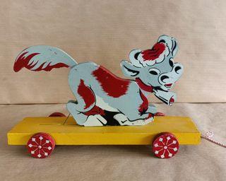 VACA DE MADERA ARRASTRE INFANTIL VINTAGE