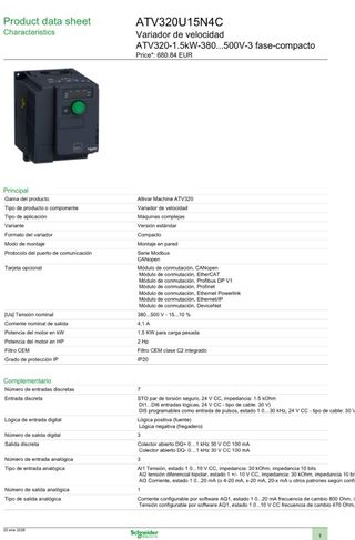 Variador de Frecuencia Schneider ATV320 320U15N4C