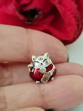 Charm Gatto Portafortuna Rosso Argento S925