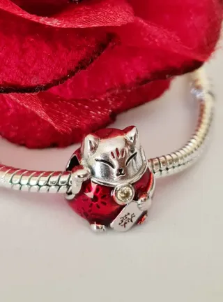 Charm Gatto Portafortuna Rosso Argento S925