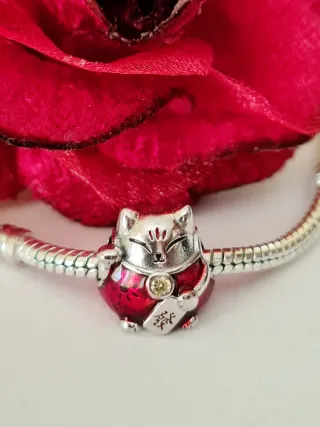 Charm Gatto Portafortuna Rosso Argento S925