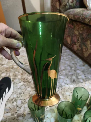 Jarra y vasos retro verde dorado