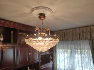 Lámpara Araña Antigua Cristal y Metal Dorada