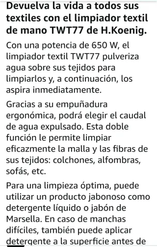 Aspirador Limpiador Tapicerías Textil H.Koenig