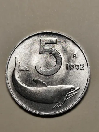 Moneta Italia repubblica 5 Lire Delfino 1992 fdc