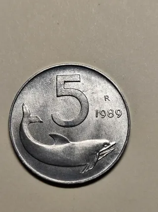 Moneta Italia repubblica 5 Lire Delfino 1989