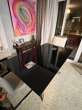 Mesa Comedor Cristal Templado Negro patas metálica
