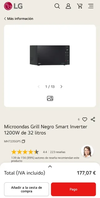 Microondas Grill Negro LG Smart Inverter 1200W
