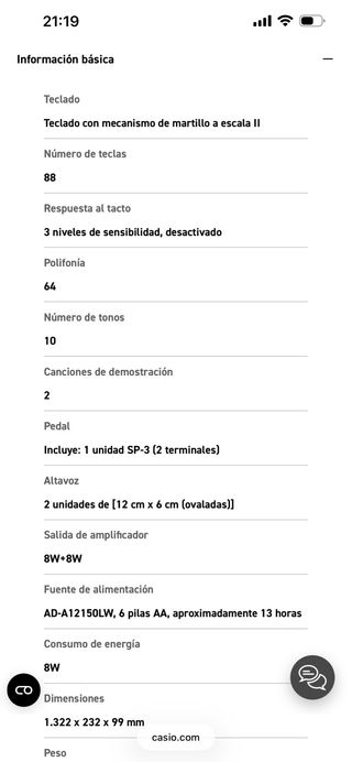 Piano Casio CDP-S110BK con soporte