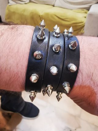 Lote 3 Pulseras Rockeras Pinchos Cuero Negro