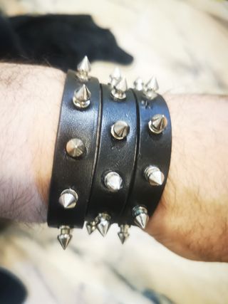 Lote 3 Pulseras Rockeras Pinchos Cuero Negro