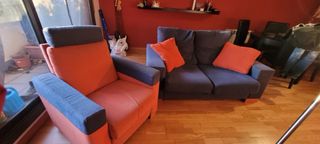 Sofá 2 plazas y butaca tela azul