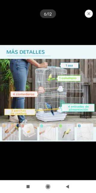 Jaula para pájaros con comederos y perchas