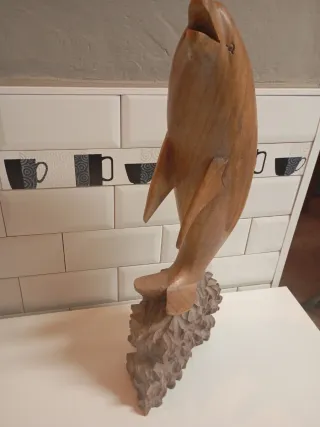 Estatua de delfín de madera,60 cm aleta rota