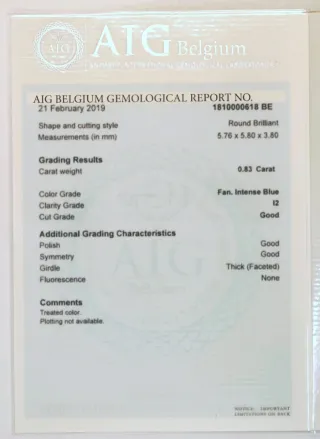Diamante Azul intenso.  0,83 kilates.
