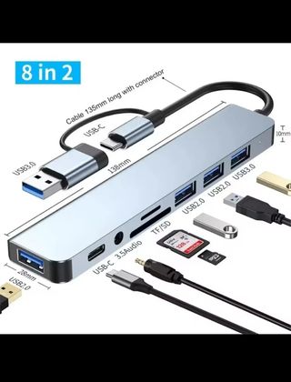 Adaptador Hub USB-C 8 en 2 con lector de tarjetas