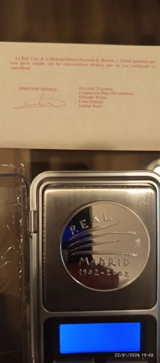 125,35 gms plata 999.0 5 Moneda Cent. Real Madrid