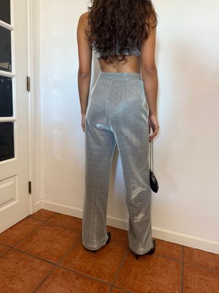 Conjunto Lurex Prateado Calças e Top