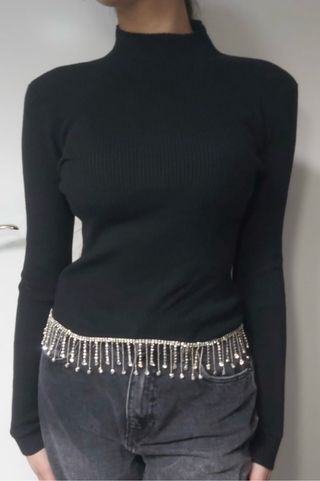 Top manga larga con flecos plateados