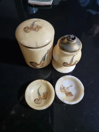 Conjunto fumador antiguo cerámica y metal