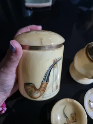 Conjunto fumador antiguo cerámica y metal