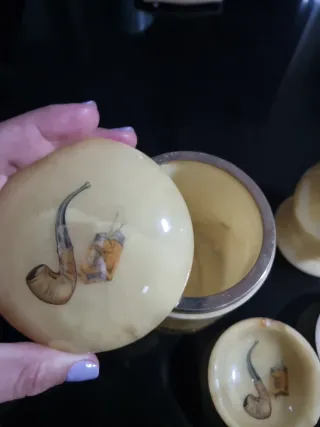 Conjunto fumador antiguo cerámica y metal