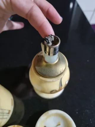 Conjunto fumador antiguo cerámica y metal