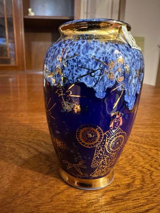 Jarrón japonés porcelana azul cobalto y oro