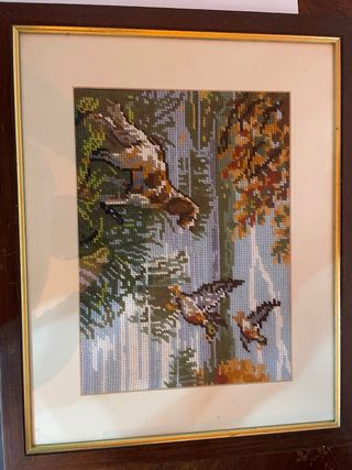 Quadro punto croce vintage uccelli foresta