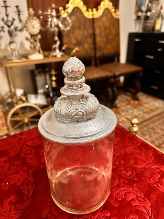 Frasco tarro antiguo de cristal tapa de madera