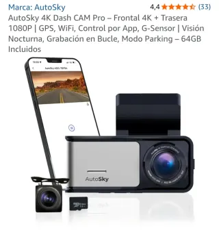 AutoSky 4K Dash Cam Pro + Cámara Trasera