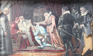 Reproducción de “Ultimos momentos de Felipe II” de Francisco Jover y Casanova. Óleo sobre papel.