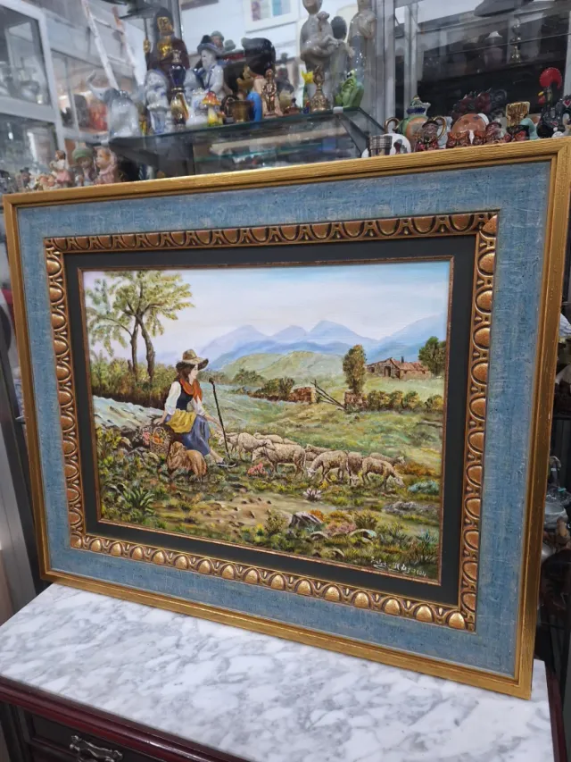 Pintura al Óleo Sobre Lienzo Pastor de Ovejas