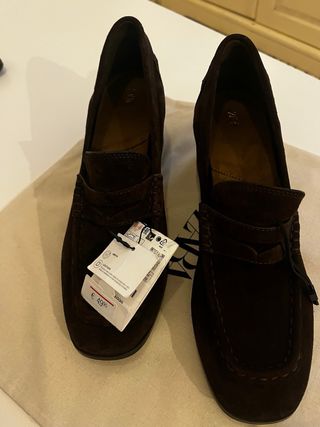 Mocasines Zara Serraje Tacón Marrón Talla 41