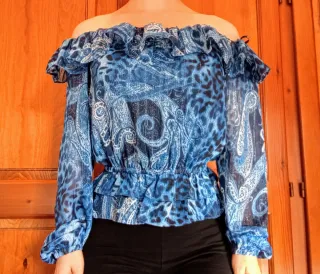 Blusa Peplum Guess Azul Estampada