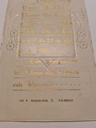 Antigua tarjeta religiosa primera comunión, 1920