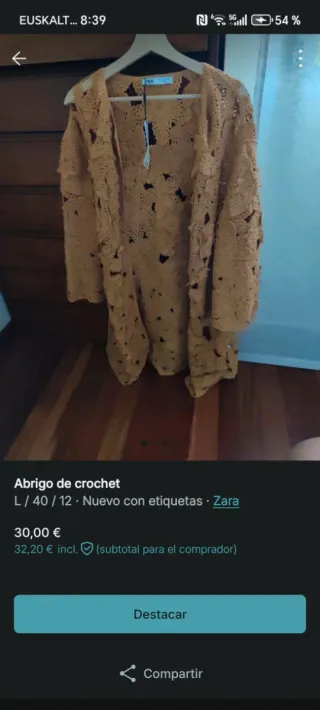 Abrigo crochet Zara talla única amarillo mostaza