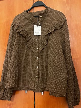 Blusa Zara Cuello Redondo Cuadros Marrón XL