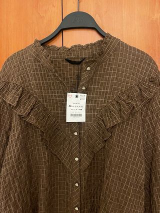 Blusa Zara Cuello Redondo Cuadros Marrón XL