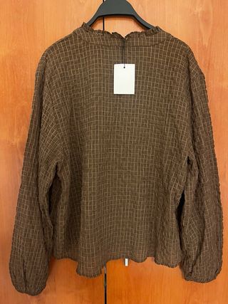 Blusa Zara Cuello Redondo Cuadros Marrón XL