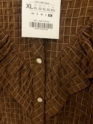 Blusa Zara Cuello Redondo Cuadros Marrón XL