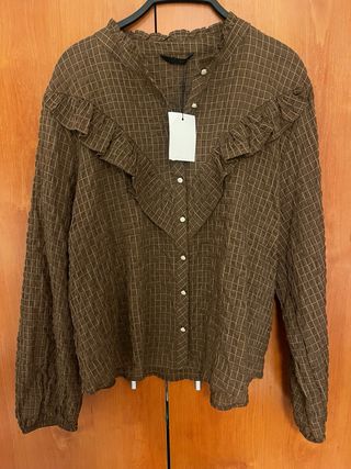 Blusa Zara Cuello Redondo Cuadros Marrón XL