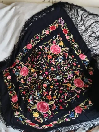 Mantón de Manila Seda Negro Multicolor