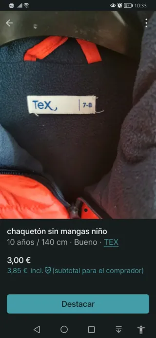 Chaqueta sin mangas niño TEX roja talla 7/8